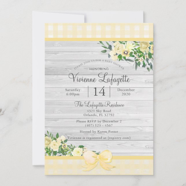 Invitation Élégant Baby shower floral En vichy jaune (Devant)