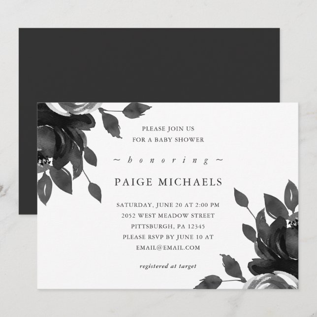 Invitation Élégant Baby shower floral gris (Devant / Derrière)