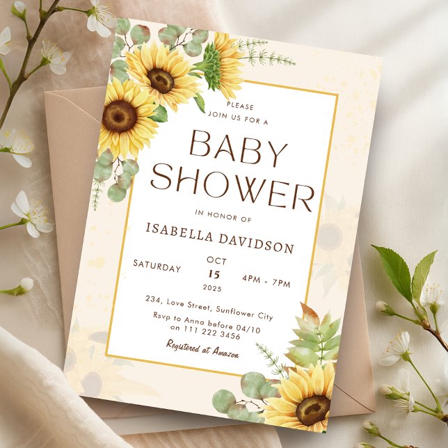 Invitation Élégant Baby shower floral jaune tournesol (Elegant Sunflower Yellow Floral Baby Shower Invitation)