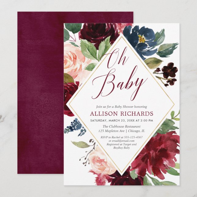 Invitation Elégant baby shower floral marine bordeaux (Devant / Derrière)