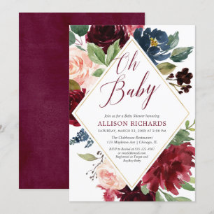 Invitation Elégant baby shower floral marine bordeaux