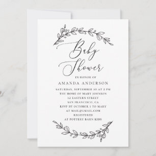 Invitation Élégant baby shower floral noir et blanc