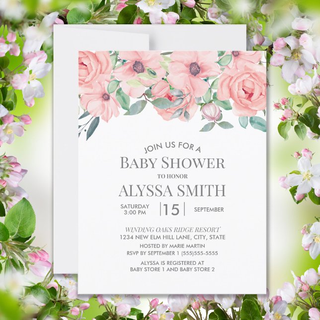 Invitation Élégant Baby shower Floral Rose-Blanc Vert (Créateur téléchargé)