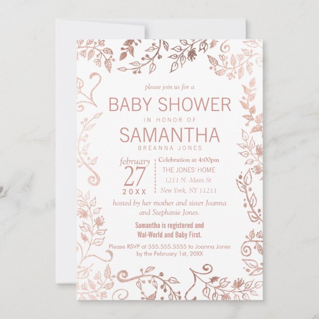 Invitation Élégant Baby shower Floral Rose blanche or (Devant)