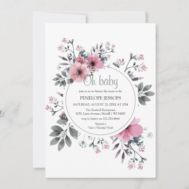 Invitation Élégant Baby shower floral rose et gris "Oh Baby" (Devant)