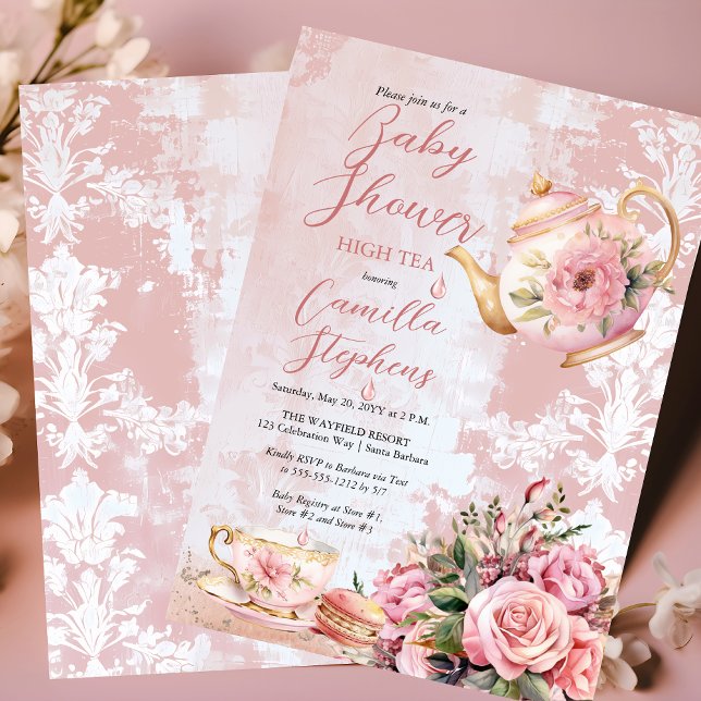 Invitation Élégant Baby shower Floral Rose High Tea Girl (Elegant Pink Roses Floral High Tea Teapot and Teacup Girl Baby Shower Invitation)