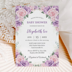 Invitation Élégant Baby shower Floral rose Lilac