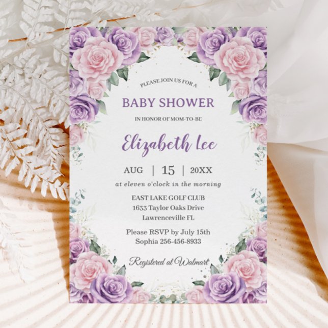 Invitation Élégant Baby shower Floral rose Lilac (Créateur téléchargé)