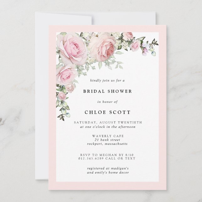 Invitation Élégant Baby shower floral rose rose pâle (Devant)