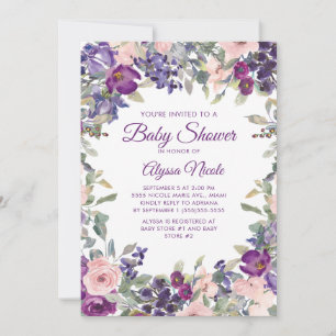 Invitation Élégant Baby shower Floral rose violet