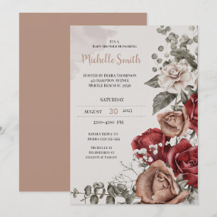 Invitation Élégant Baby shower floral Tan Burgundy