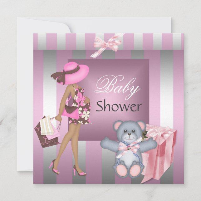 Invitation Elégant Baby shower Joli rose Silver Stripe Cadeau (Devant)