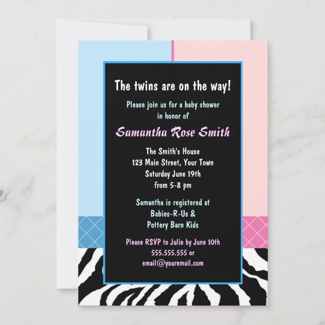 Invitation Elégant Baby shower Jumeaux bleu rose Zebra (Devant)