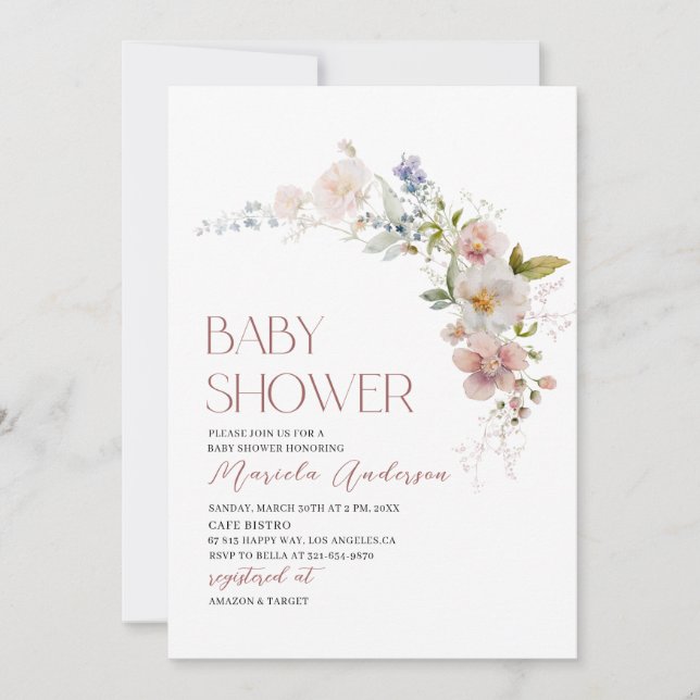 Invitation Élégant Baby shower moderne de fleurs d'aquarelle (Devant)