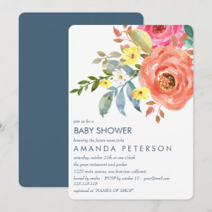 Invitation Elégant Baby shower Peach rose et blue Peonies