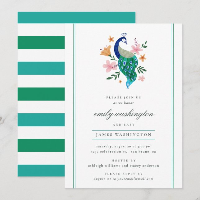 Invitation Elégant Baby shower Peacock Aquarelle (Devant / Derrière)