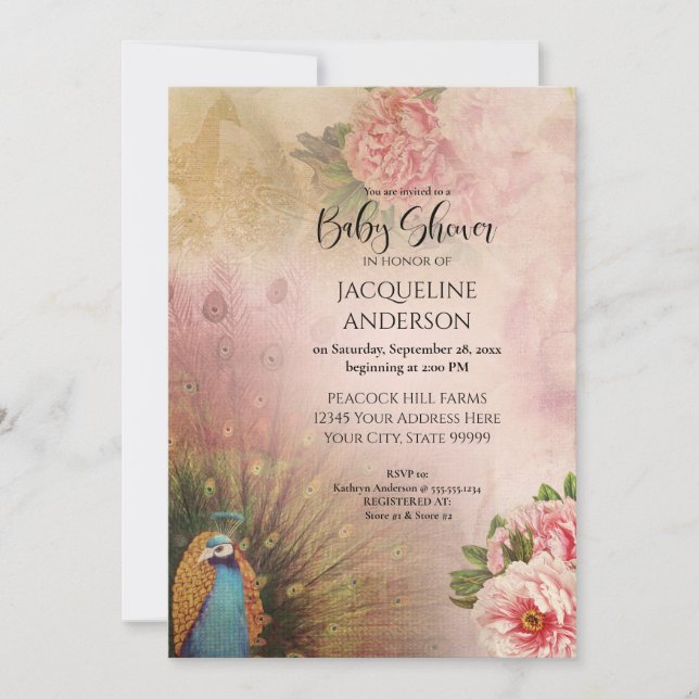 Invitation Elégant Baby shower Peacock Blush Peony Flowers (Devant)