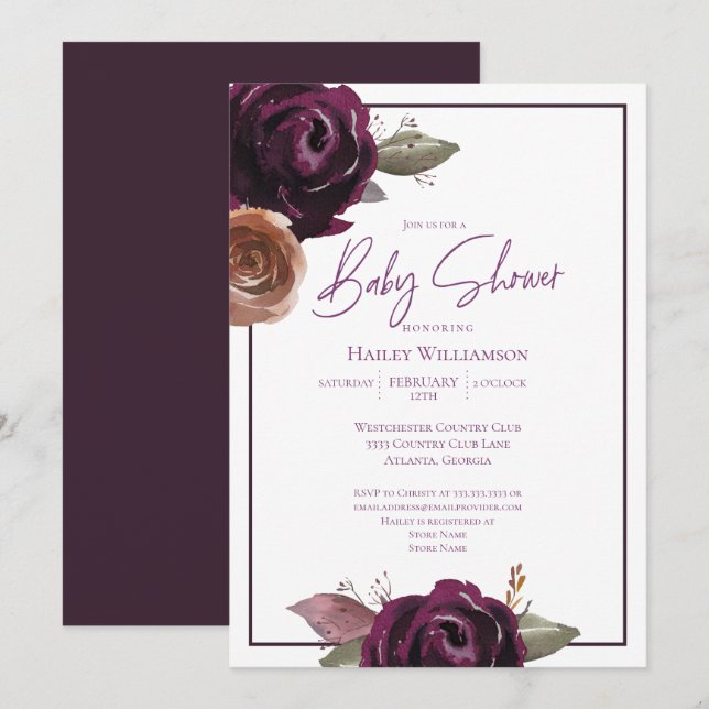 Invitation Élégant Baby shower Plum, Purple et Or (Devant / Derrière)