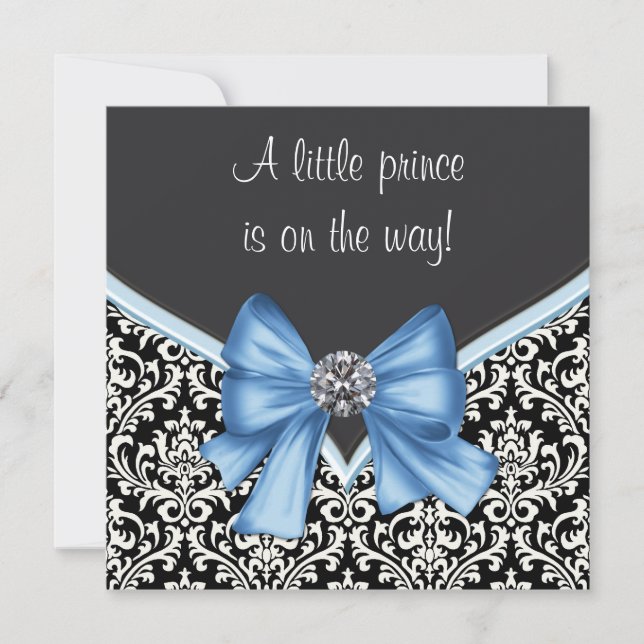 Invitation Elégant Baby shower Prince Bleu et Noir Damas (Devant)