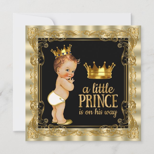 Invitation Elégant Baby shower Prince Noir et Or (Devant)