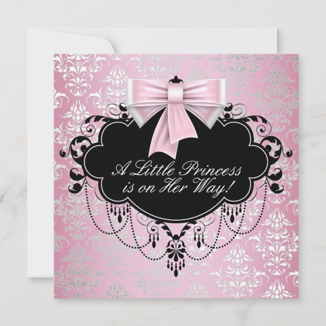 Invitation Élégant Baby shower princesse noire rose argent (Devant)
