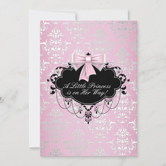 Invitation Élégant Baby shower princesse noire rose argent (Devant)