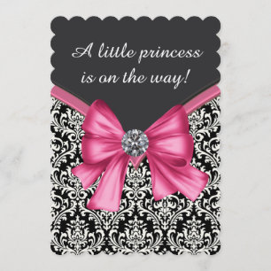 Invitation Élégant Baby shower princesse rose noir Damas