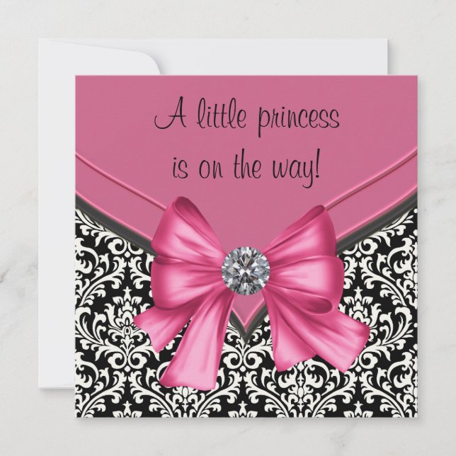 Invitation Élégant Baby shower princesse rose noir Damas (Devant)