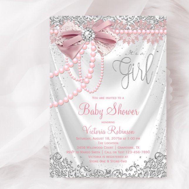 Invitation Elégant Baby shower rose Diamant Perle rose Fille (Elegant blush pink and silver diamond baby shower invitation. Simply add your event details.)