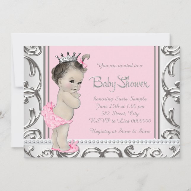 Invitation Élégant Baby shower rose et argent (Devant)