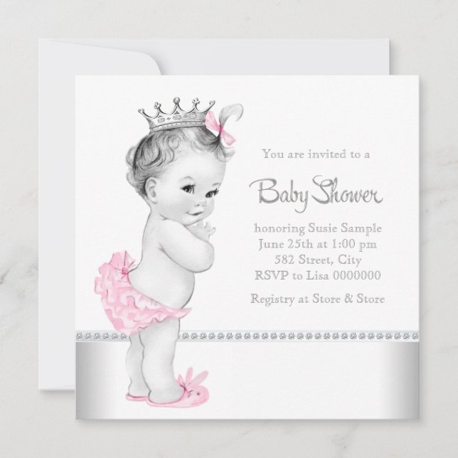 Invitation Élégant Baby shower rose et argent (Devant)