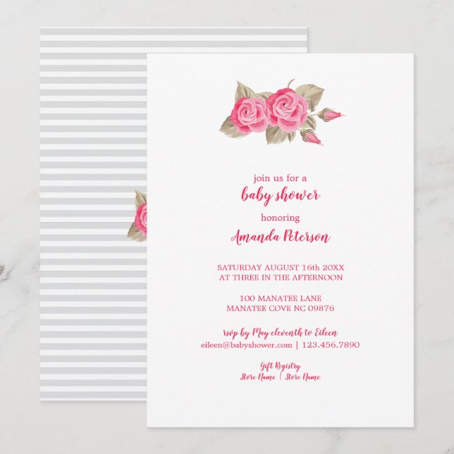 Invitation Elégant Baby shower rose et blanc Roses (Devant / Derrière)