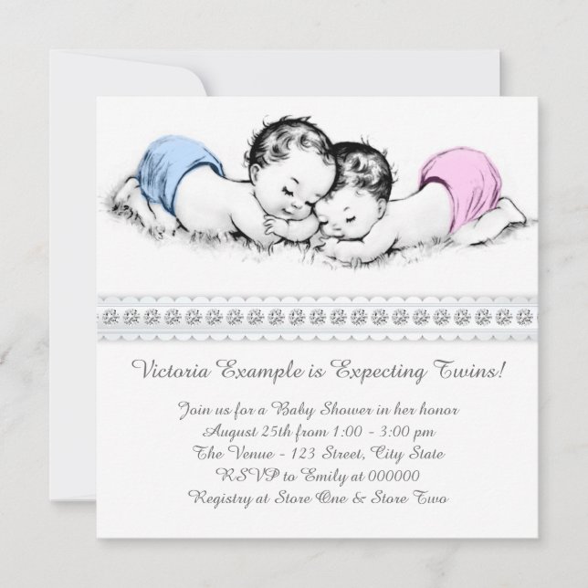 Invitation Elégant Baby shower rose et bleu Twin (Devant)