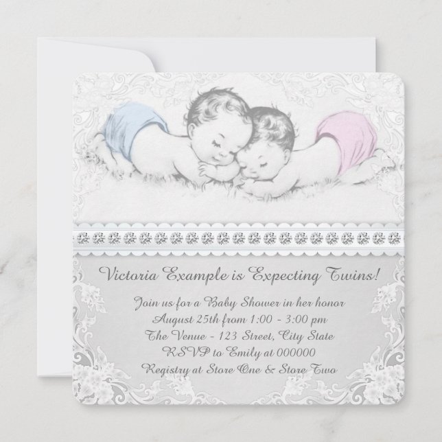 Invitation Elégant Baby shower rose et bleu Twin (Devant)
