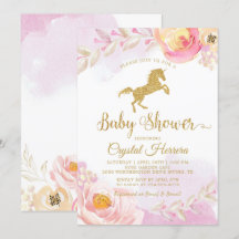 Élégant Baby shower rose et or floral Unicorn