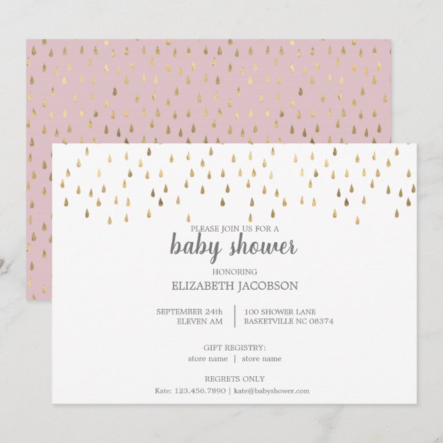 Invitation Élégant Baby shower rose et or Raindrops (Devant / Derrière)