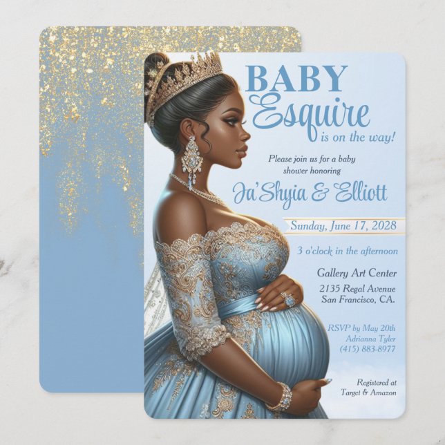 Invitation Élégant Baby shower royal bleu et or pour femme et (Devant / Derrière)
