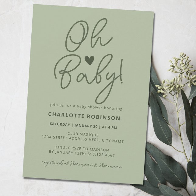 Invitation Élégant Baby shower Script Moderne Sage Vert (Créateur téléchargé)