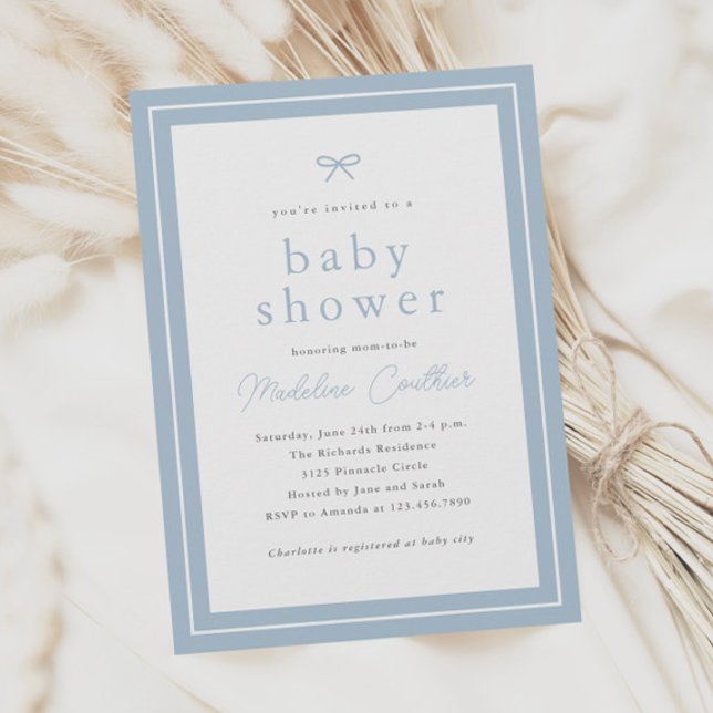 Invitation Elégant Baby shower simple Dusty Blue Boys (Simple classic dusty blue boys baby shower invitations with minimal bow.)