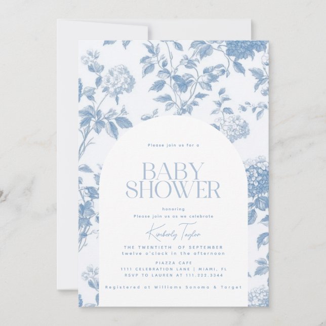 Invitation Elégant Baby shower Toile De Jouy Blue Hydrangea (Devant)