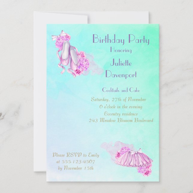 Invitation Elégant Ballet Aquarelle Rose élégant Anniversaire (Devant)