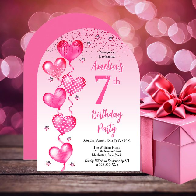 Invitation Élégant Ballons de Coeur Rose 7e fête d'anniversai (Elegant Pink Heart Balloons 7th Birthday Party Arched Invitation)