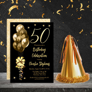 Invitation Elégant Ballons d'or sur Black 50th Birthday Party