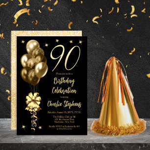 Invitation Elégant Ballons d'or sur Black 90th Birthday Party