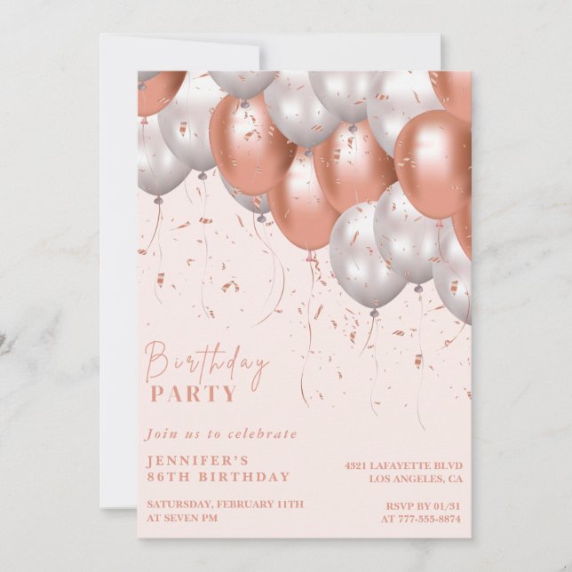 Invitation Elégant Ballons or Rose 86e anniversaire (Devant)
