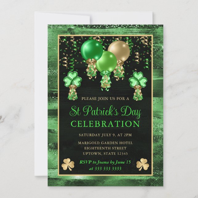 Invitation Elégant Ballons Vert et Or St Patrick's Day (Devant)