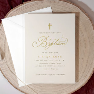 Invitation Élégant Baptême Beige Champagne Script Cross