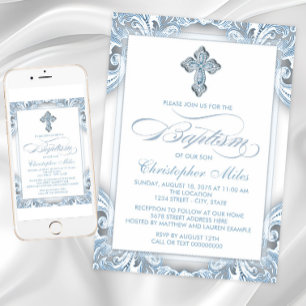Invitation Élégant Baptême Bleu Argent