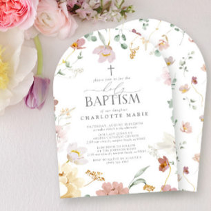 Invitation Élégant Baptême Bleu Rose Aquarelle Fleurs