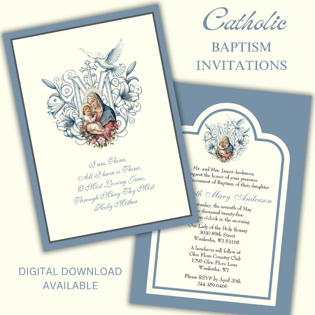 Invitation Élégant baptême catholique Marie Jésus Bleu (Créateur téléchargé)